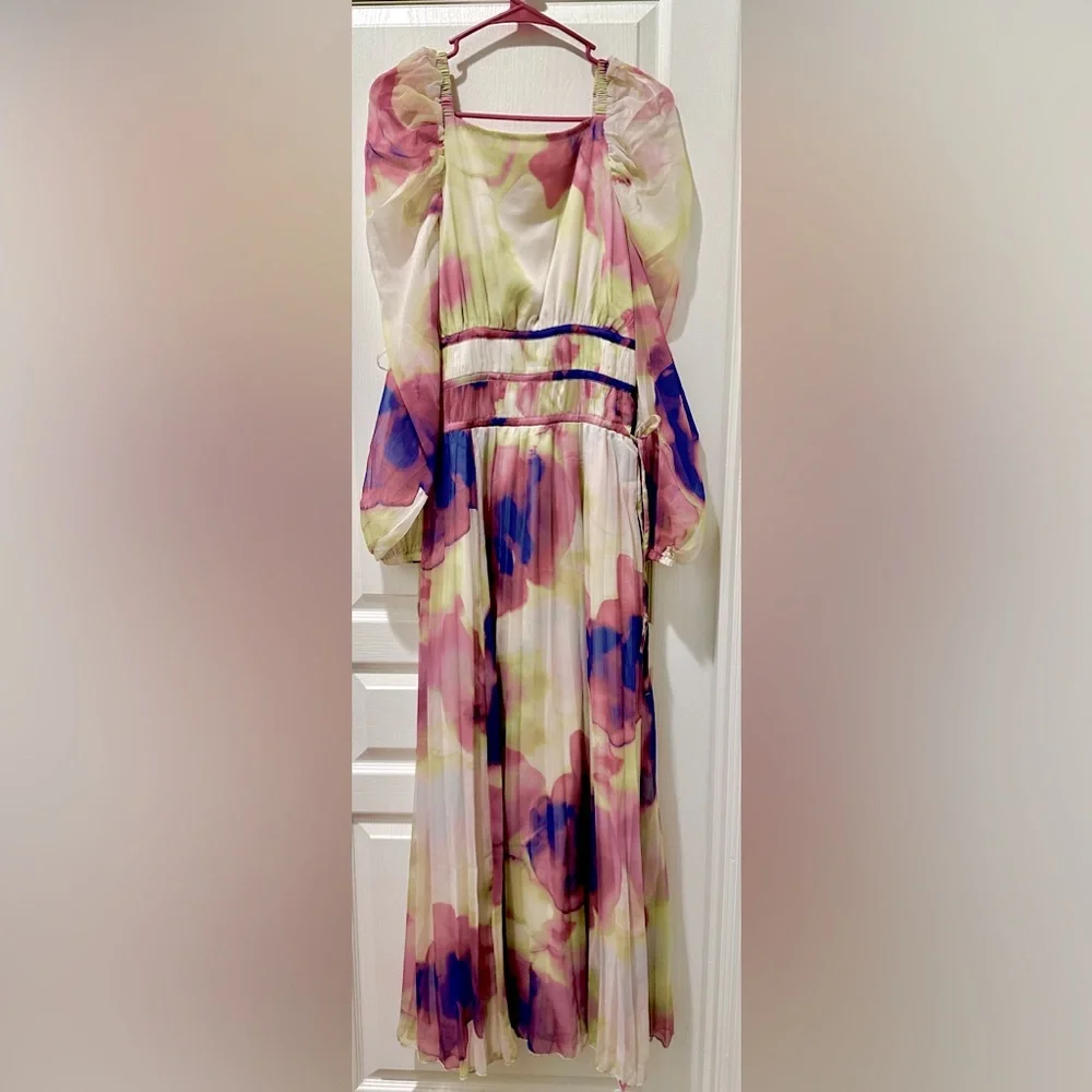 ASOS DESIGN Long Sleeve Pleated Drawstring Bodice Maxi Dress Watercolor Chiffon - Picture 6 of 10